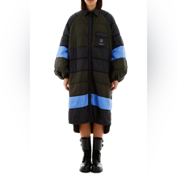 Ganni Dresses & Skirts - GANNI X66°NORTH Vatnajökull Quilted Black Green Open Back Puffer Coat Dress XS/S